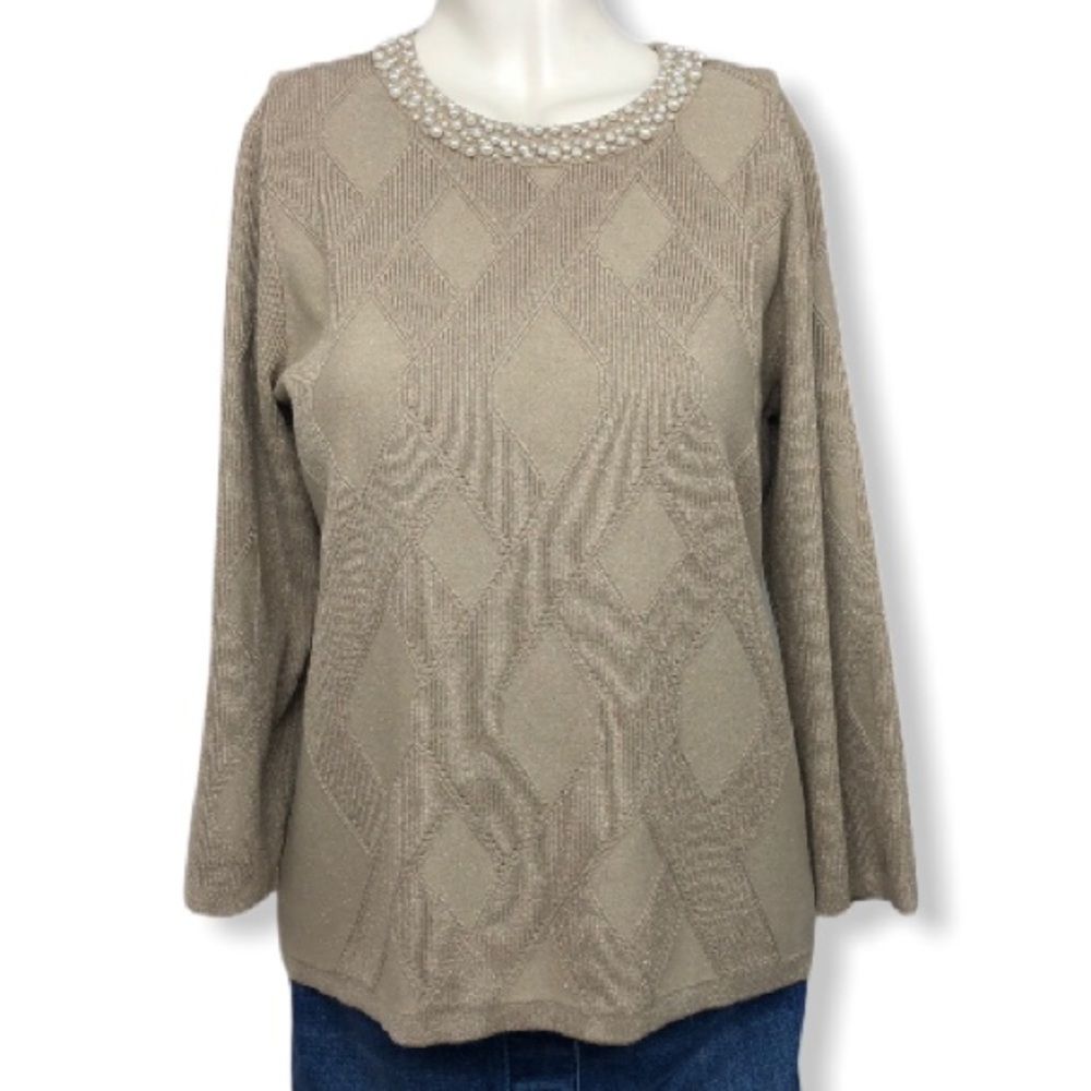 Karl Lagerfeld Beige Tan Metallic Shimmer Pearl Neckline Pullover Sweater Size M